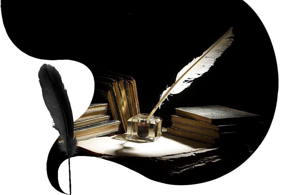 A quill resting in an inkwell beside a stack of old books